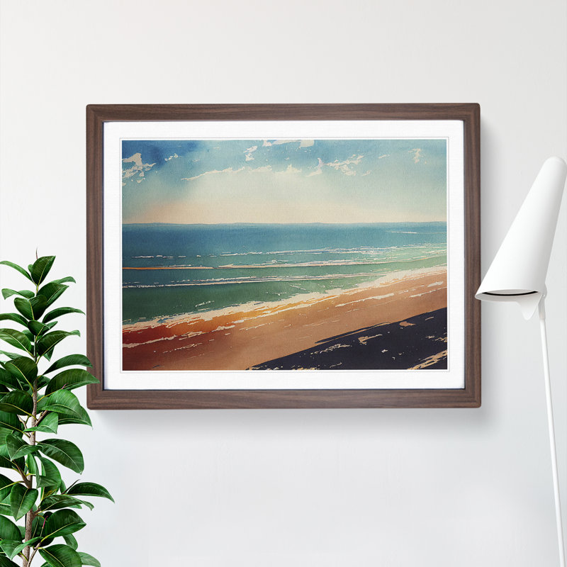 Beach In Watercolour Vol.5 - Single Picture Frame Painting, 46cm H x 64cm W x 2cm D, Walnut