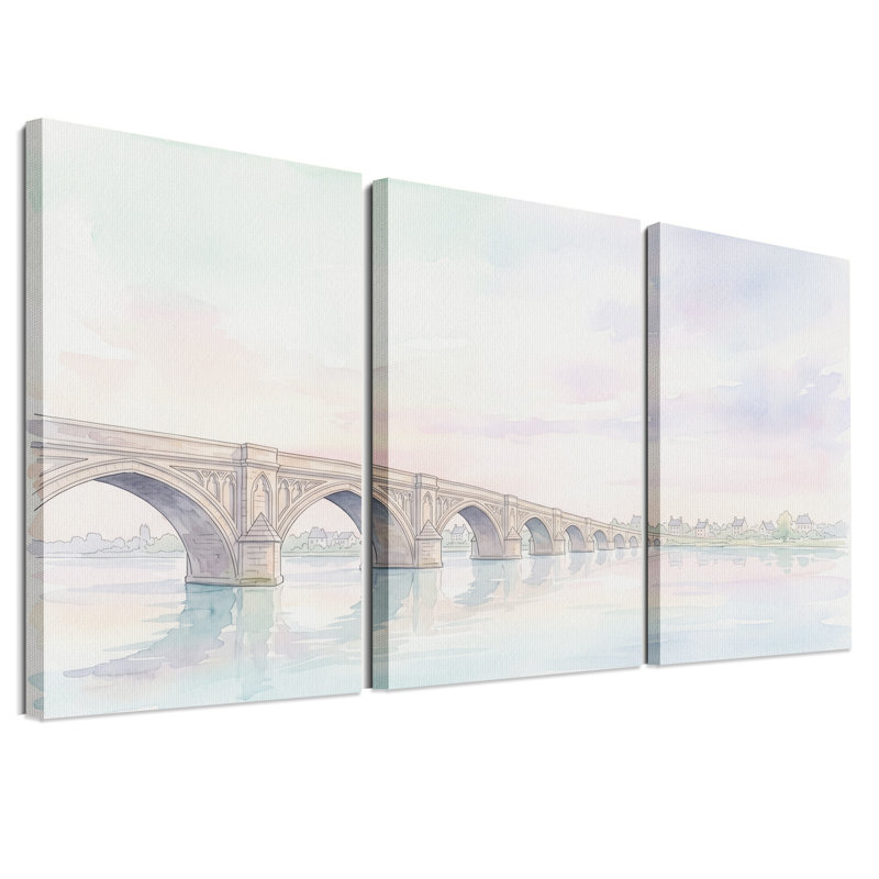 Pont en arc de pierre enjambant une rivière, ensemble de 3 toiles à l'aquarelle pastel, 18"H x 12"W x 3pcs