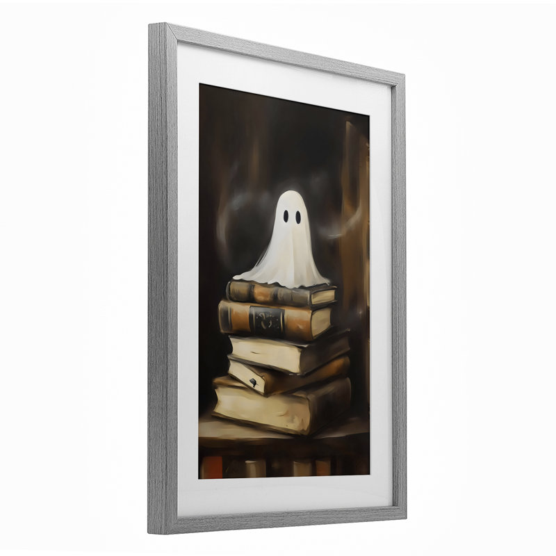 Ghost on Book Stack, reproduction encadrée sous verre, conception par Arlington Prints, Cadre de ferme gris
