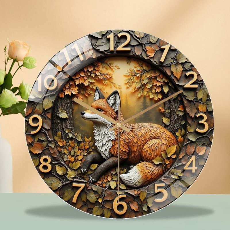Horloge murale décorative Fox avec feuilles d'automne - Horloge murale moderne en verre 12 po
