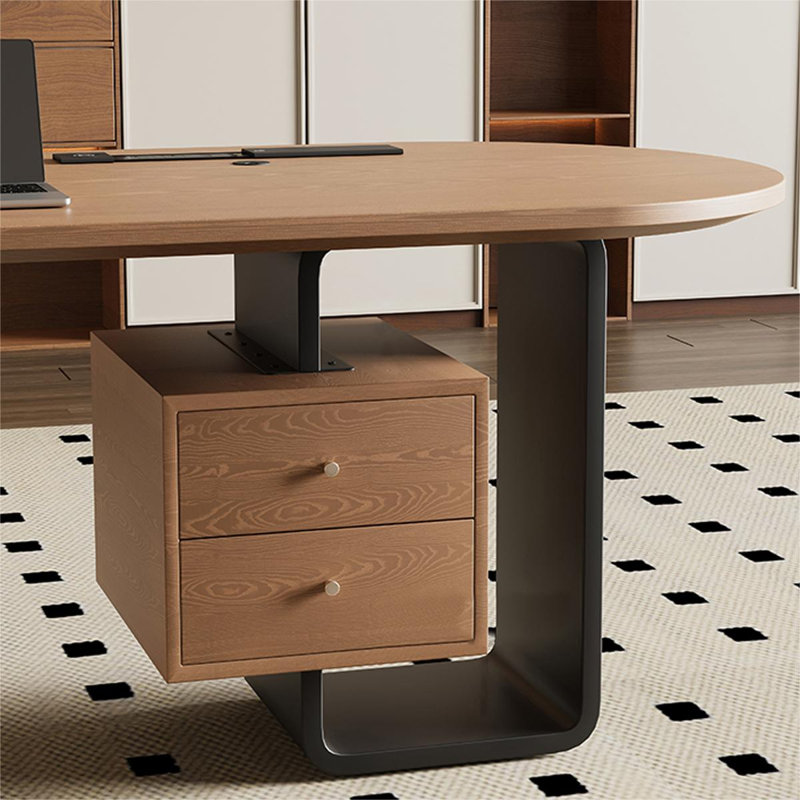 Bureau brun / noir + demi-cercle en bois massif + acier + acrylique avec 2 tiroirs, H 29,53 po x l 86,61 po x P 31,5 po