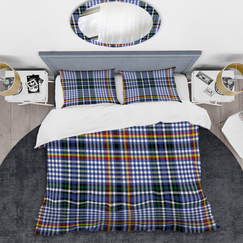 Tartan à carreaux blanc et bleu - Ensemble de housse de couette abstrait - Microfibre de polyester