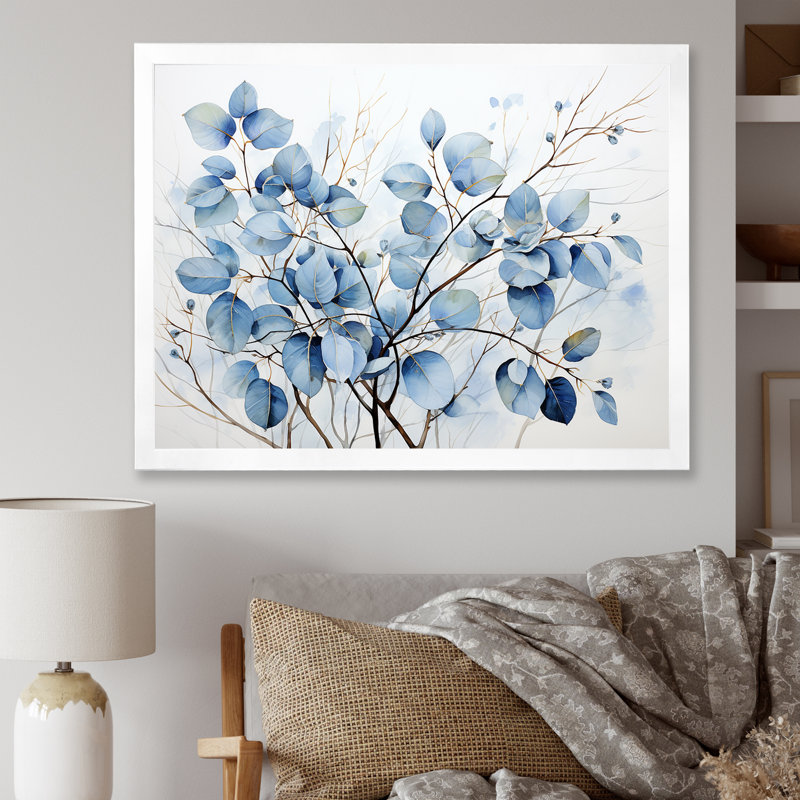 Art mural bleu et gris avec feuilles sur une branche III - feuilles, Cadre simple blanc, H 12 po x l 20 po x P 1 po