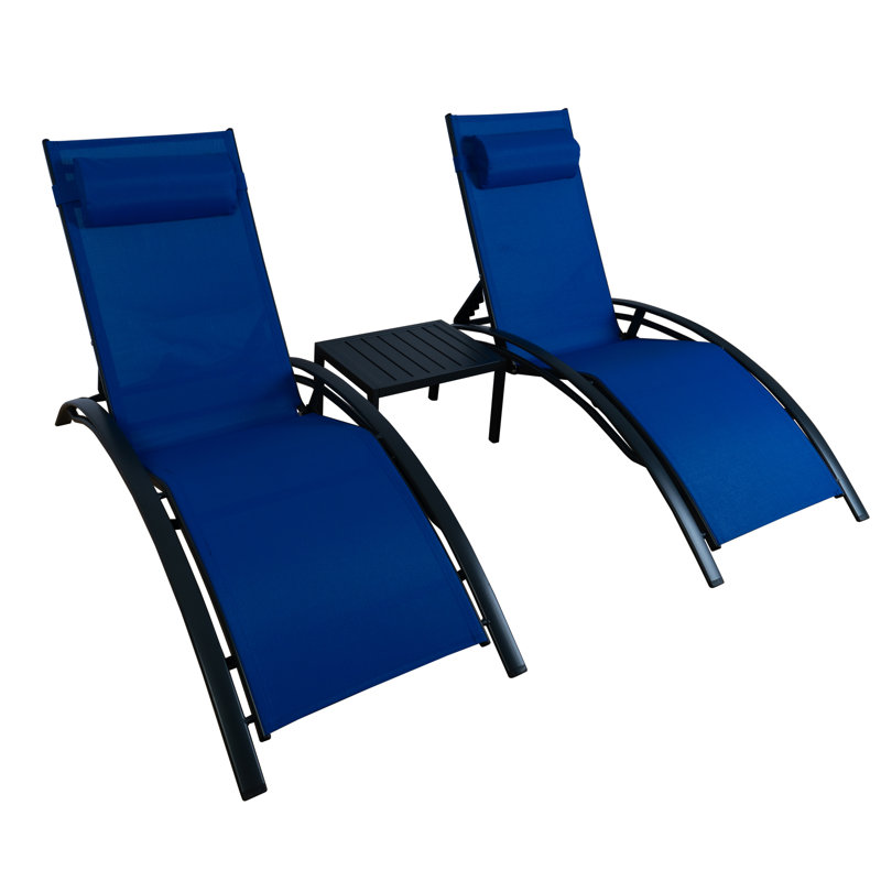  Ensemble de 2 chaises de patio inclinables réglables en aluminium recouvertes de PVC avec coussins, Bleu, gris