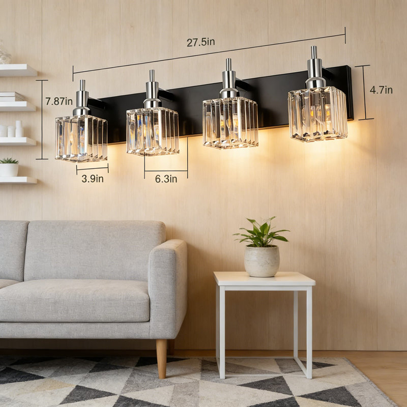 Luminaire de meuble-lavabo moderne en chrome noir avec détails en cristal, applique murale à 4 lumières à intensité variable pour miroir ou entrée