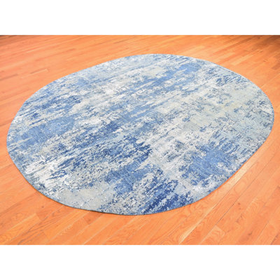 Tapis bleu en laine noué à la main de conception unique 8 pi 1 po x 10 pi 1 po Frithiof
