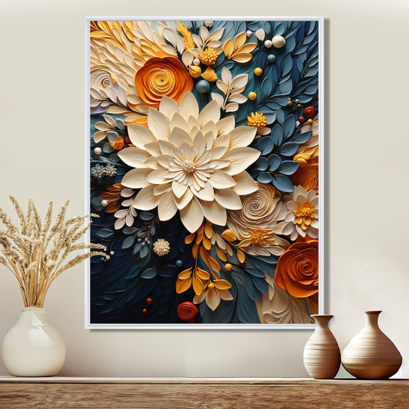 Reproduction d'aquarelle orange sarcelle tourbillon botanique IV, H 32 po x l 24 po, Reproduction avec cadre flottant, Blanc
