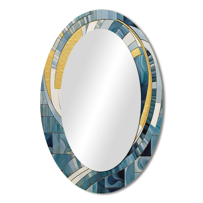 Gold Constructing Blue Realms II - Grand miroir mural ovale sur métal, 36 po x 24 po