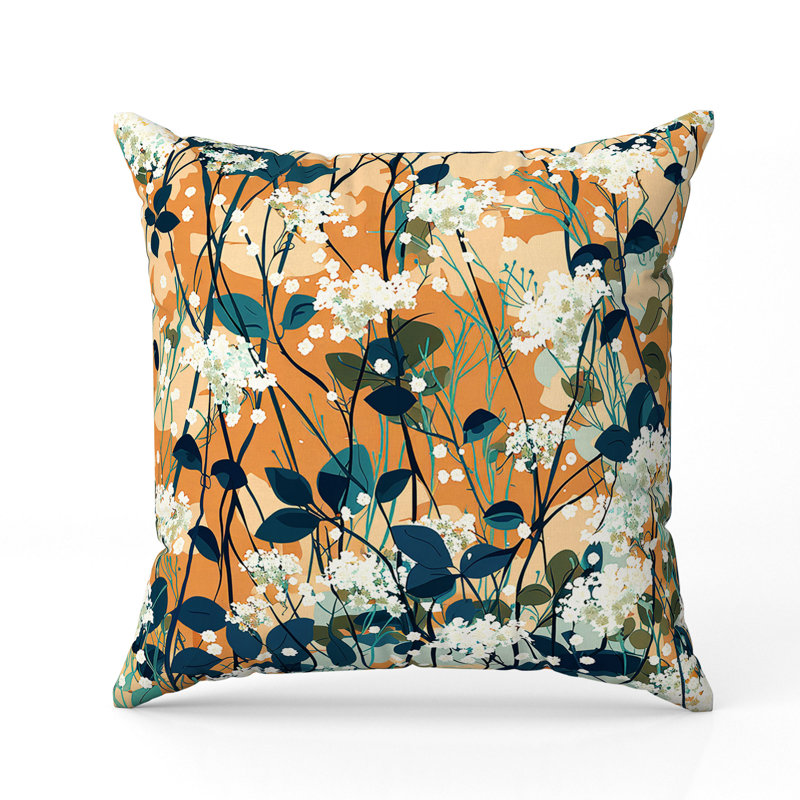 Coussin décoratif encre et feuille, Bleu / Orange, H 18 po x l 18 po
