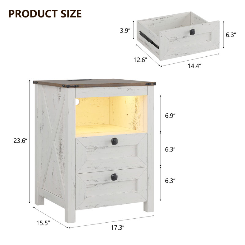 Table de chevet à DEL avec prise et port USB, Blanc antique / brun