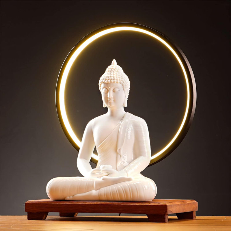 12" Serene White Buddha Statue With LED Circle Table Lamp - Indoor Ceramic Meditation Décor