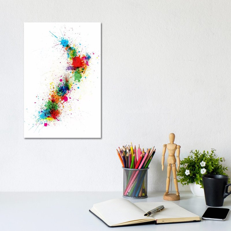 New Zeland Paint Splashes Map by Michael Tompsett - Wrapped Canvas Painting, 30.48cm H x 20.32cm W x 1.905cm D