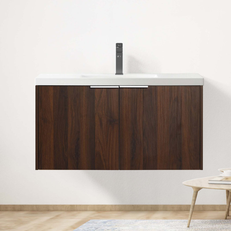 Float Mounting Bathroom Vanity With Sink, Walnut