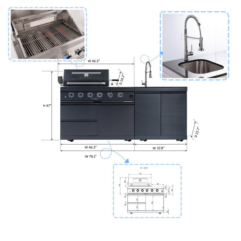 Îlot de barbecue au gaz en acier inoxydable de luxe 46 pouces à 4 brûleurs avec sortie de 72 000 BTU