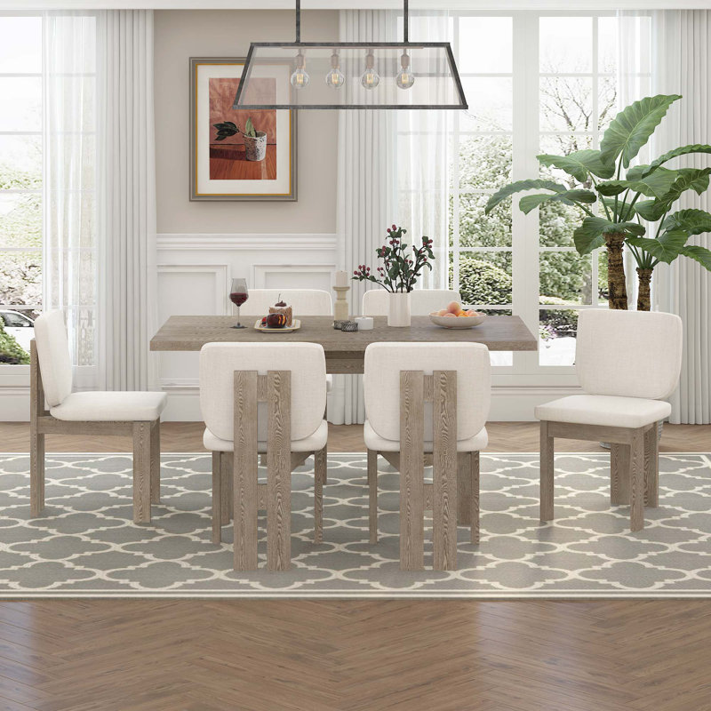 Table de salle à manger 7 pièces à base de tréteaux avec 6 chaises rembourrées, Bois naturel délavé, Bois naturel délavé