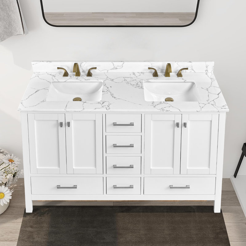61"Engineered Marble Bathroom Vanity Top With Double Sinks