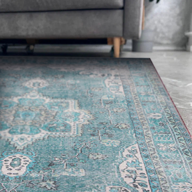 Tapis bleu sarcelle à motif tissé rétro, Rectangle 3 pi 10 po x 5 pi 3 po