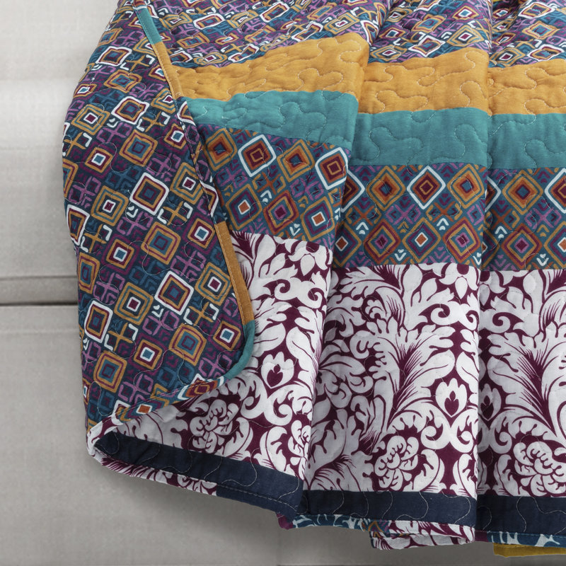 Boho Stripe Reversible Coverlet Set, Quilt/Coverlet + 2 shams, Purple/Yellow