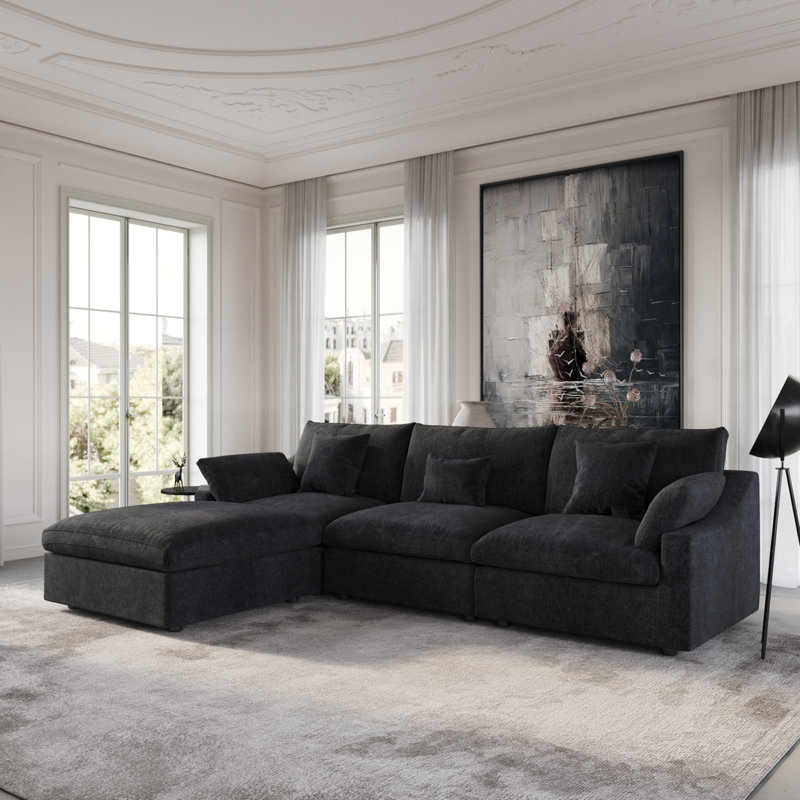 Canapé modulaire en L Sky Cloud Slope 4 places modulaire en lin - confort ultime en noir, Noir