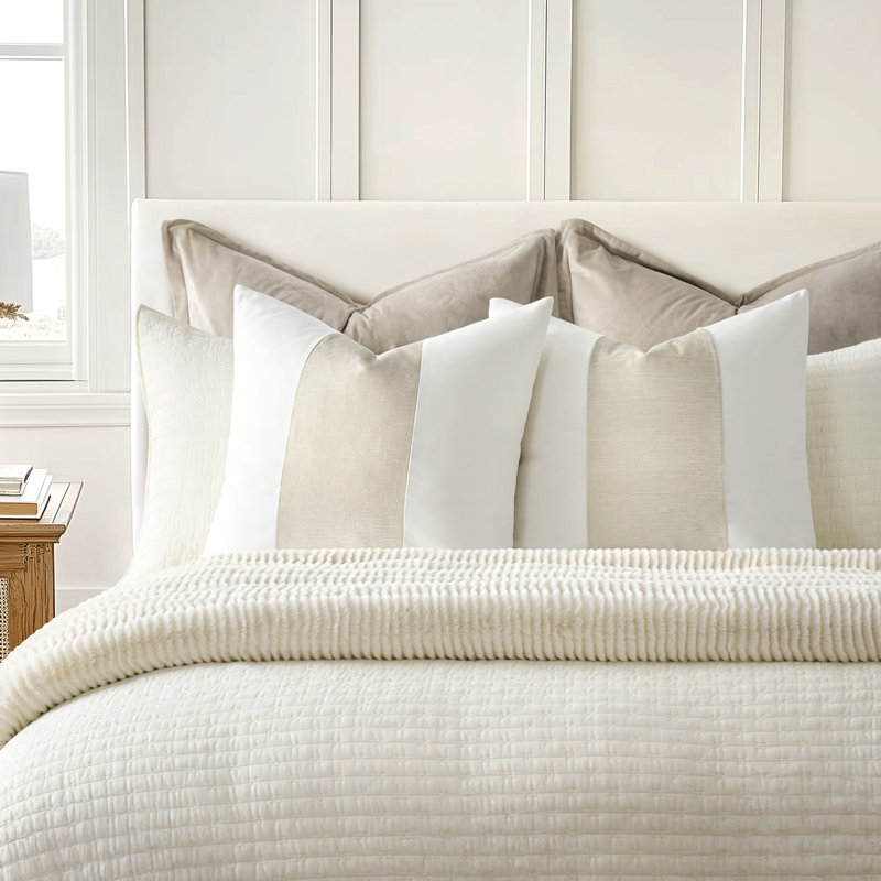 Velvet Panel Cotton Pillow Covers Set of 2, Light Sand, Square 22"