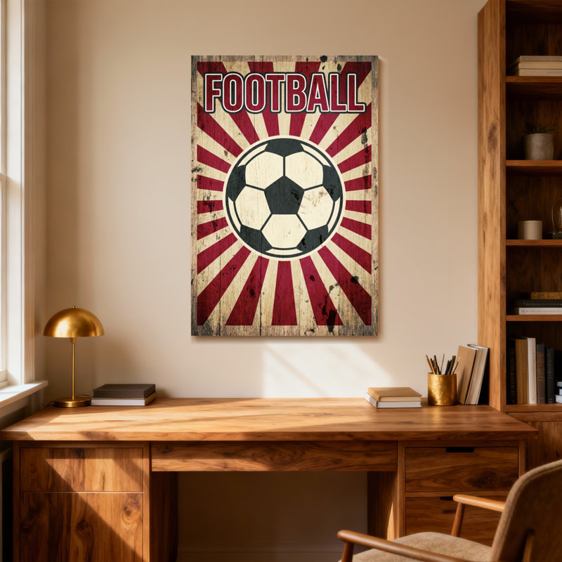 «Bath & Laundry Football Ball Sunburst», reproduction d'art en bois, H 24 po x l 16 po