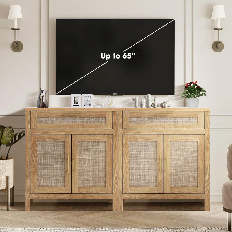 Light Brown Wood and Rattan Cabinet with Adjustable Shelf