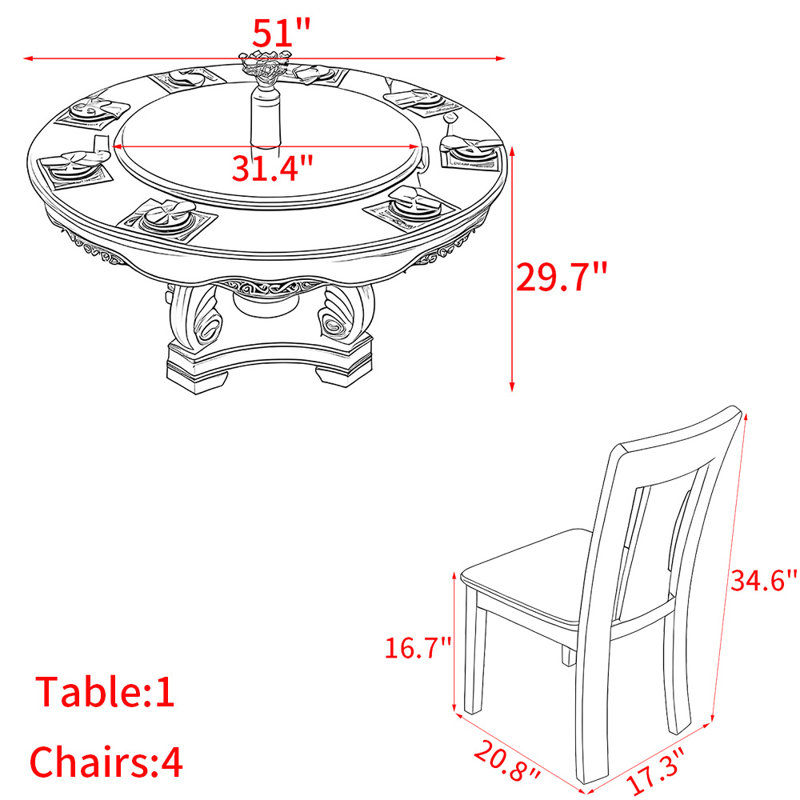 Modern solid wood carving table set, 29.7"H x 51"L x 51"W