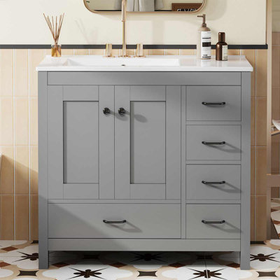 Meuble-lavabo 36 po avec lavabo en céramique, armoire de rangement abondante, 2 portes à fermeture douce et 5 tiroirs