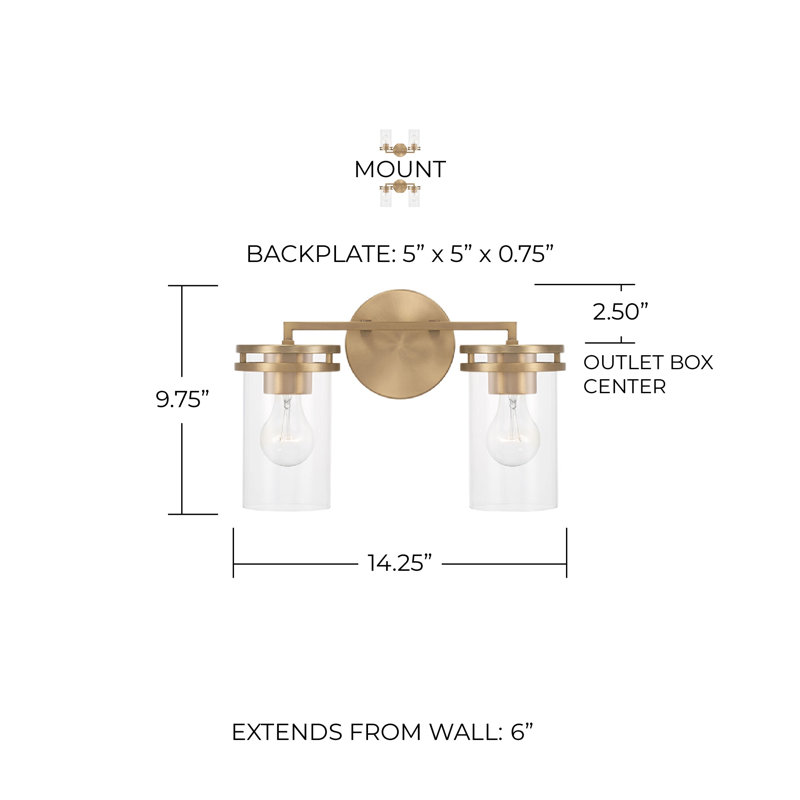 2 - Light Dimmable Vanity Light, Gold