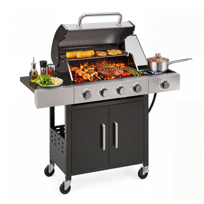 49000 BTU 4-Burner Propane Grill with Side Burner | Stainless Steel Outdoor Grill with rotisserie, Cast Iron Cooking Grates & Side Shelves for Patio, Backyard, Outdoor Cooking