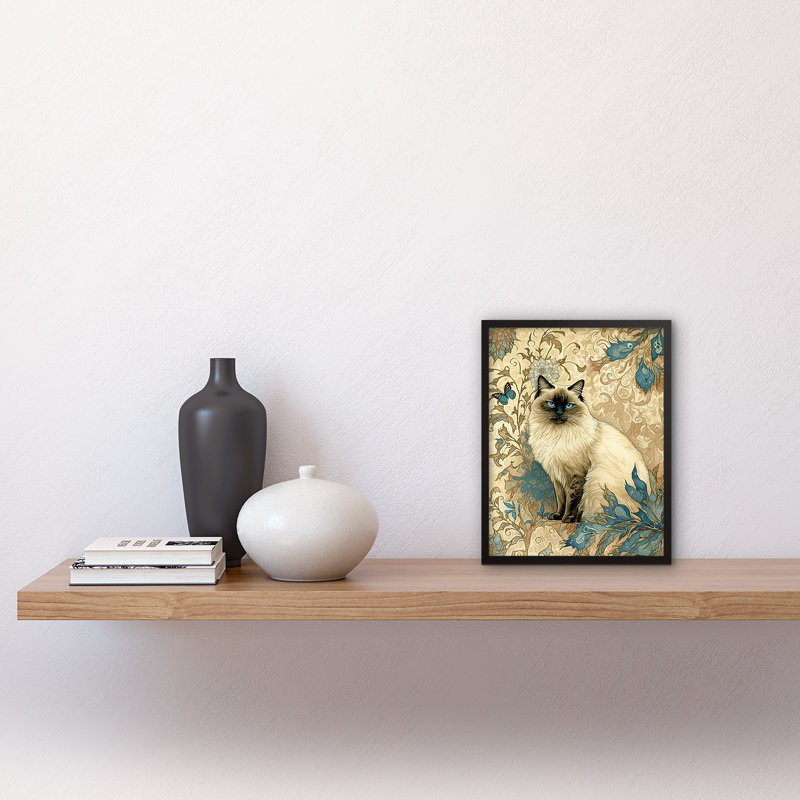 Blue Point Ragdoll Cat With Teal Plants Nouveau Watercolour - Single Picture Frame Print