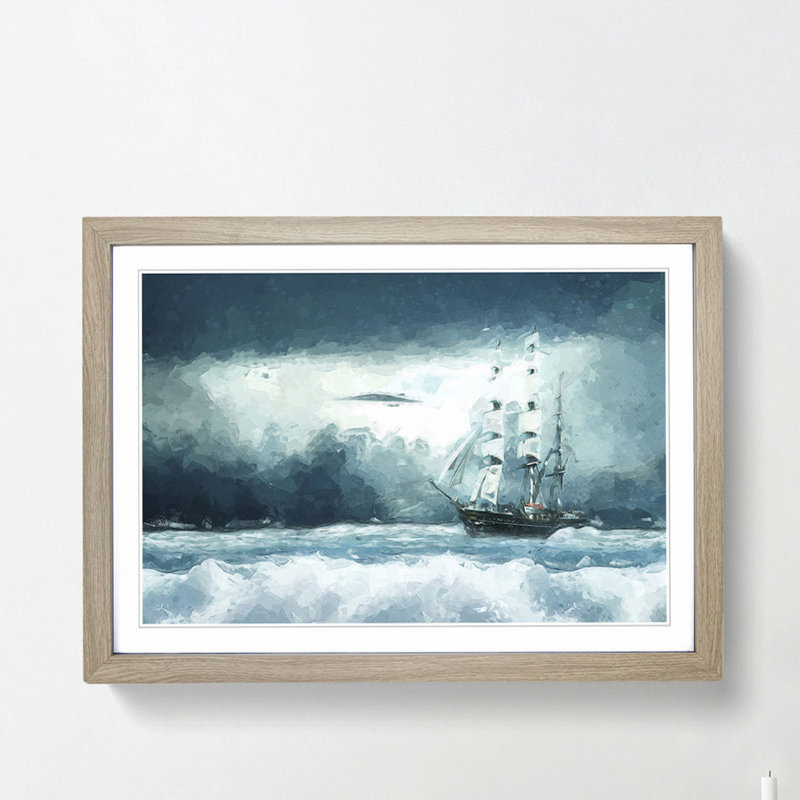 Ship Sailing over a Stormy Sea in Abstract - Picture Frame Painting Print, 40cm H x 60cm W x 2cm D, Oak