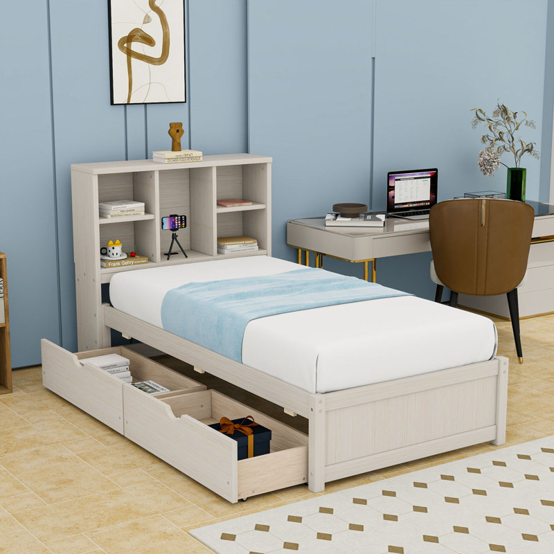 Lit simple avec bibliothèque et 2 tiroirs avec tête de lit et port de charge USB intégré, Blanchies