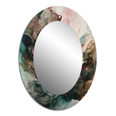 Pink Green Inner Worlds Of Marble III - Large Oval Wall Mirror On Metal