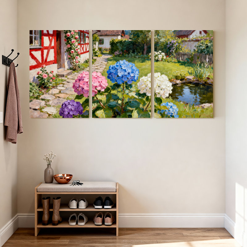 Hydrangea Garden Scene, reproduction d'art sur toile tendue sur toile, ensemble de 3, H 24 po x l 48 po