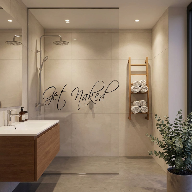 Get Naked Vinyl Wall Decal Funny Bathroom Quote Sticker Removable Peel Stick Décor Durable Waterproof Vinyl Easy to Apply & Remove Perfect for Modern Rustic or Minimalist Bathroom Décoration