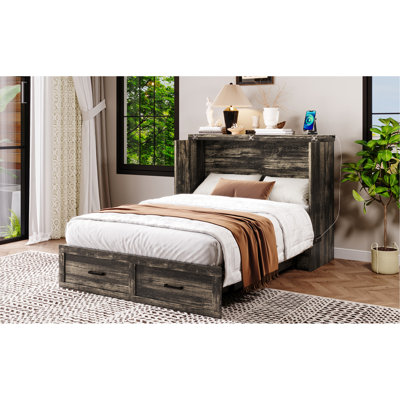 Foldable Full Size Bed Cabinet With Charging Station And Storage Drawer, Rustic Gray,  For Small Bedrooms Guest Accommodation Gray Built - In Saving Space Rooms Apartments