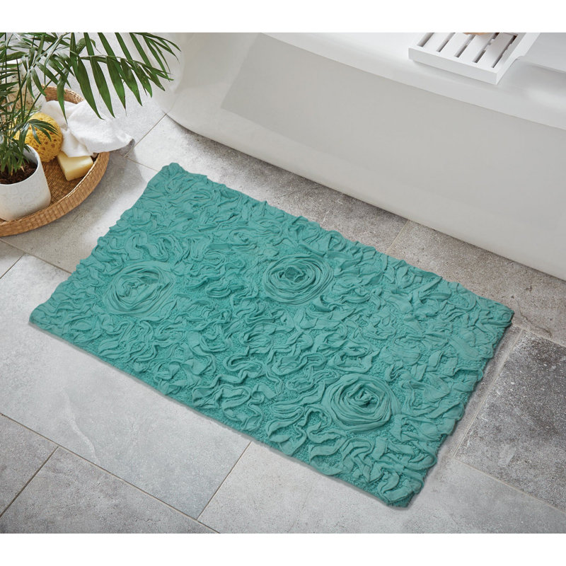 Schoenberger Floral Design Cotton Bath Rug, 40" L x 24" W, Turquoise