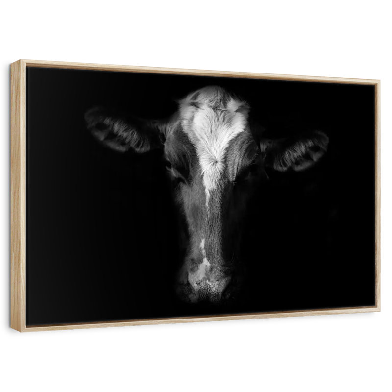Monochrome Cow Face, 25" X 17", Floating Frame Natural Wood