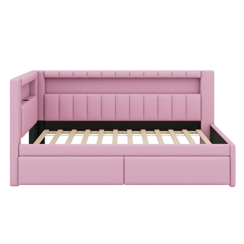 Lit plateforme tapissier avec ports USB et ceinture à DEL, avec 2 tiroirs, Rose