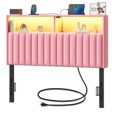 Upholstered Headboard With Storage USB Type C Port LED Light Adjustable Sturdy