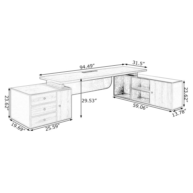 Bureau de direction brun en L en bois massif avec 3 tiroirs, H 29,53 po x l 94,49 po x P 59,06 po, Retour à droite