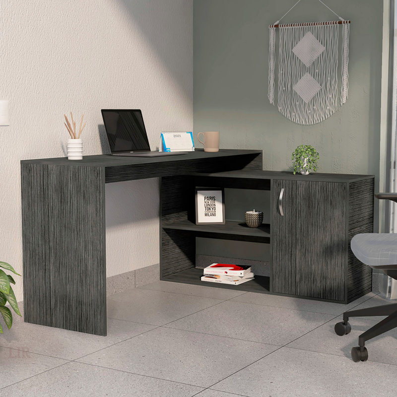 Smokey Oak L-Shaped Office Desk With 2 Shelves And Drawer, Perfect For Corner Spaces And Elegant Design, Gray