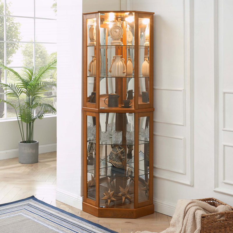 Corner Curio Display Cabinet with Lights, Mirrors, and Adjustable Shelves, Oak