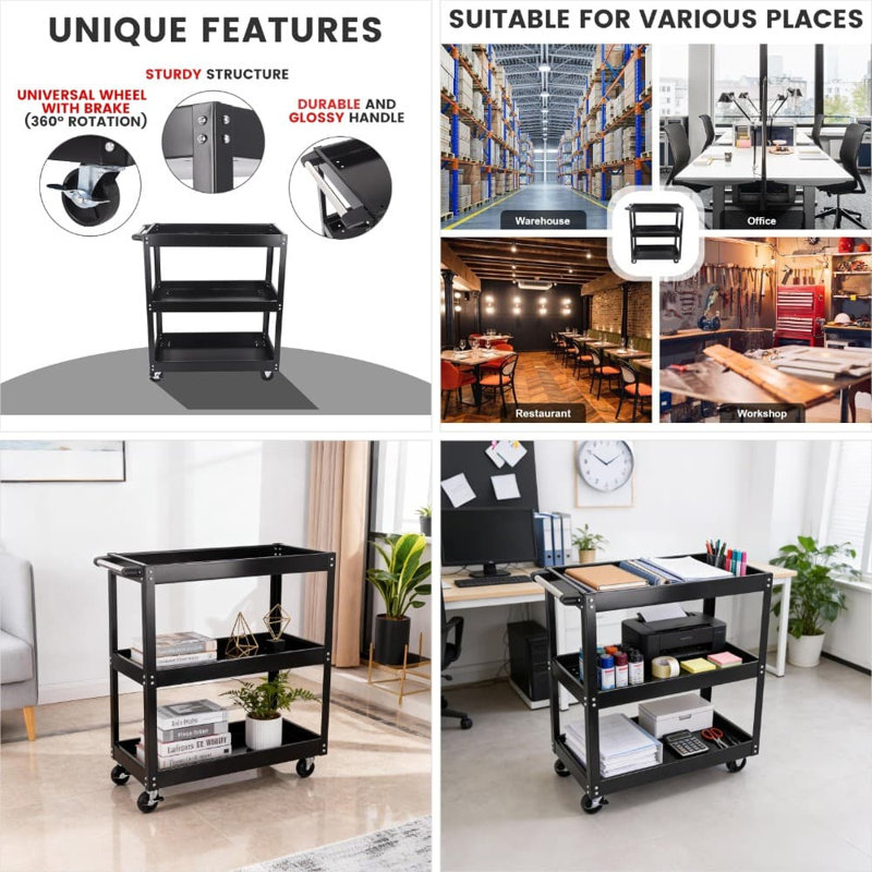 Chariot utilitaire roulant robuste à 3 niveaux avec capacité de 330 lb, chariot à outils industriel en acier avec roues verrouillables pour le garage, l'atelier, la cuisine et le bureau