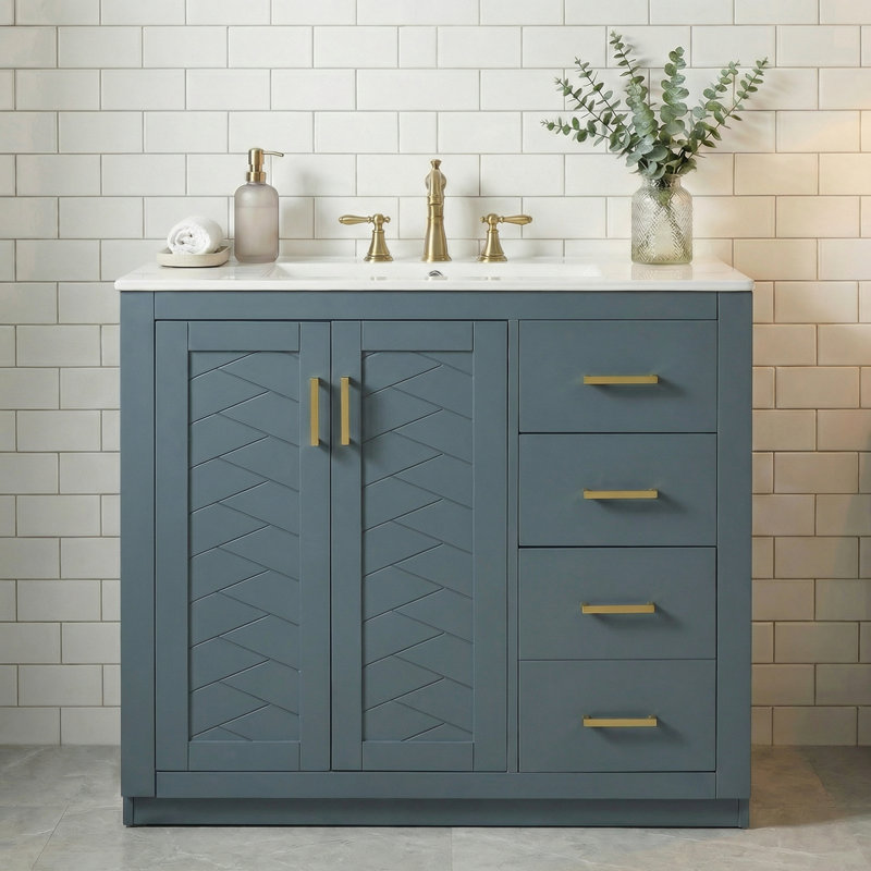 36" Bathroom Vanity With Integrated Sink, 2 Door Cabinet & 3 Storage Drawers, Soft-Close Hardware, Painted Finish, Blue