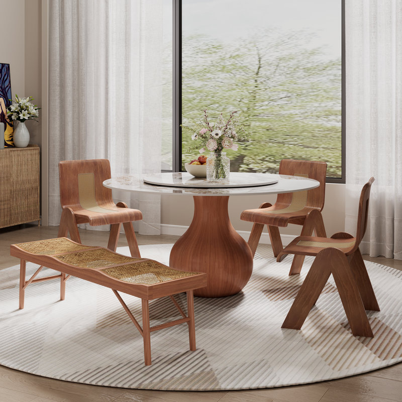 Ikerne Round Dining Table With Lazy Susan Vase-Shaped Solid Wood Pedestal, H 29,5 po x L 53,1 po x l 53,1 po, Brun