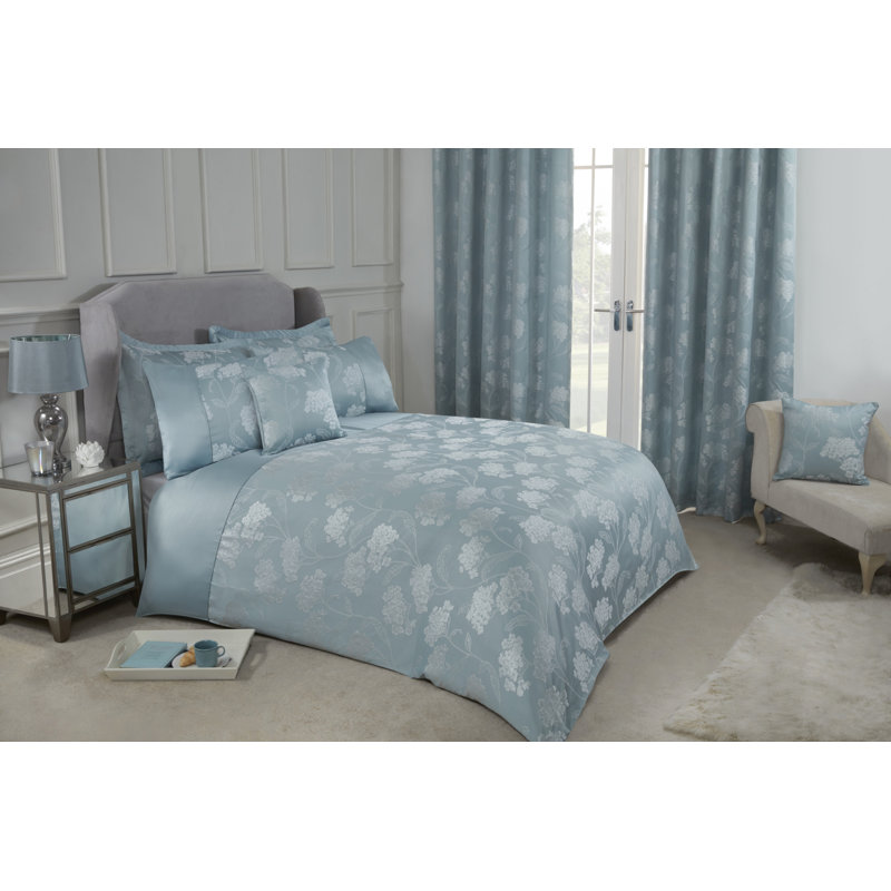 Blossom Satin Floral Bedding with Pillowcases, Duck Egg, Double