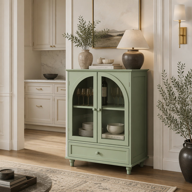Buffet Farmhouse avec portes en verre à deux arches, Vert