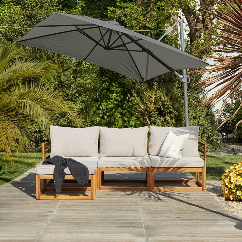 Rimasha 3 Seater Wooden Garden Sofa Set with Footstool & Lean Over Parasol , Natural/Grey